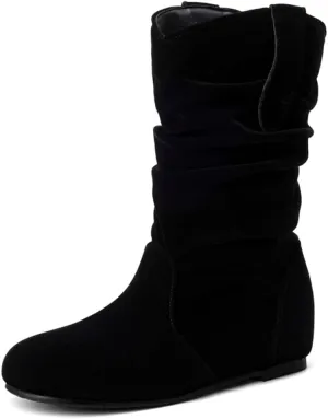 Hidden Heel Faux Leather Slouch Boots Round Toe Pleated Casual Mid Calf Boots