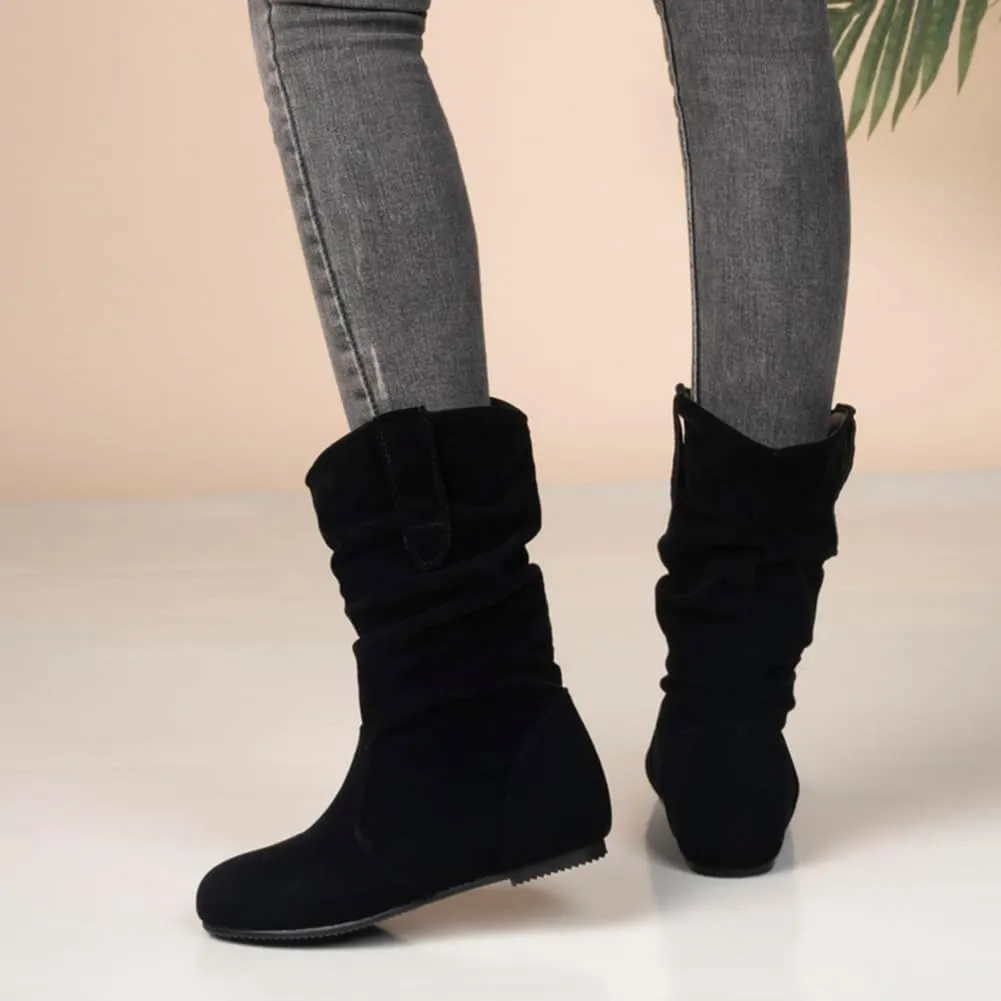 Hidden Heel Faux Leather Slouch Boots Round Toe Pleated Casual Mid Calf Boots