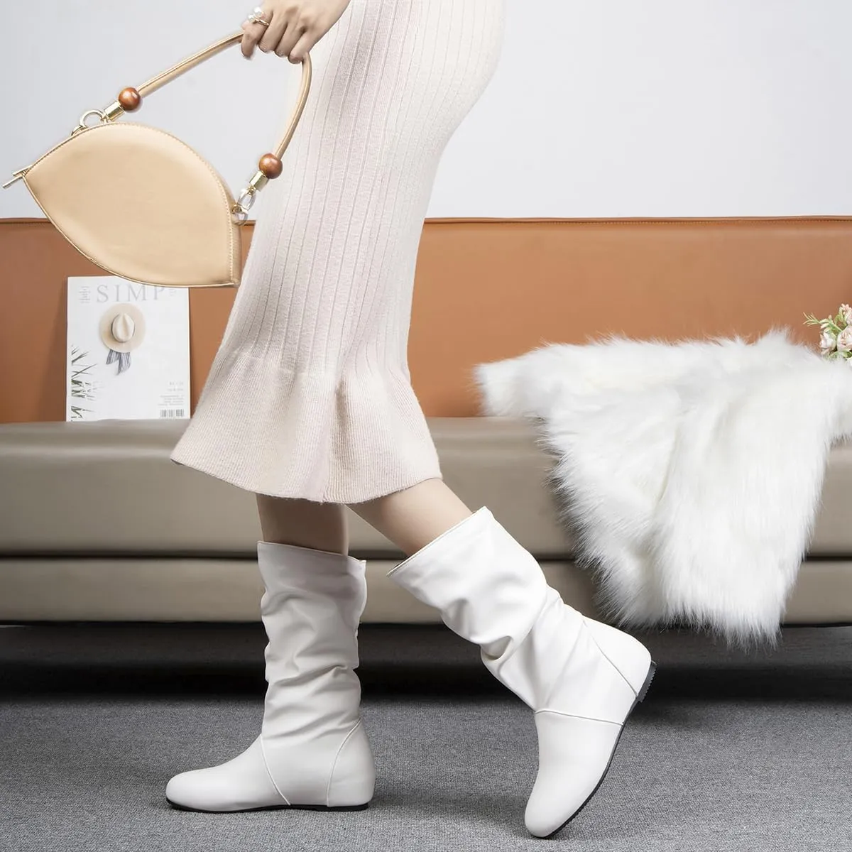 Hidden Heel Faux Leather Slouch Boots Round Toe Pleated Casual Mid Calf Boots