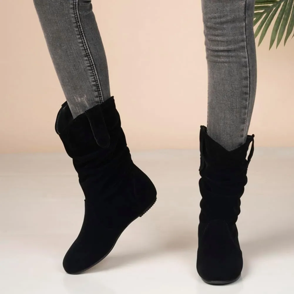 Hidden Heel Faux Leather Slouch Boots Round Toe Pleated Casual Mid Calf Boots