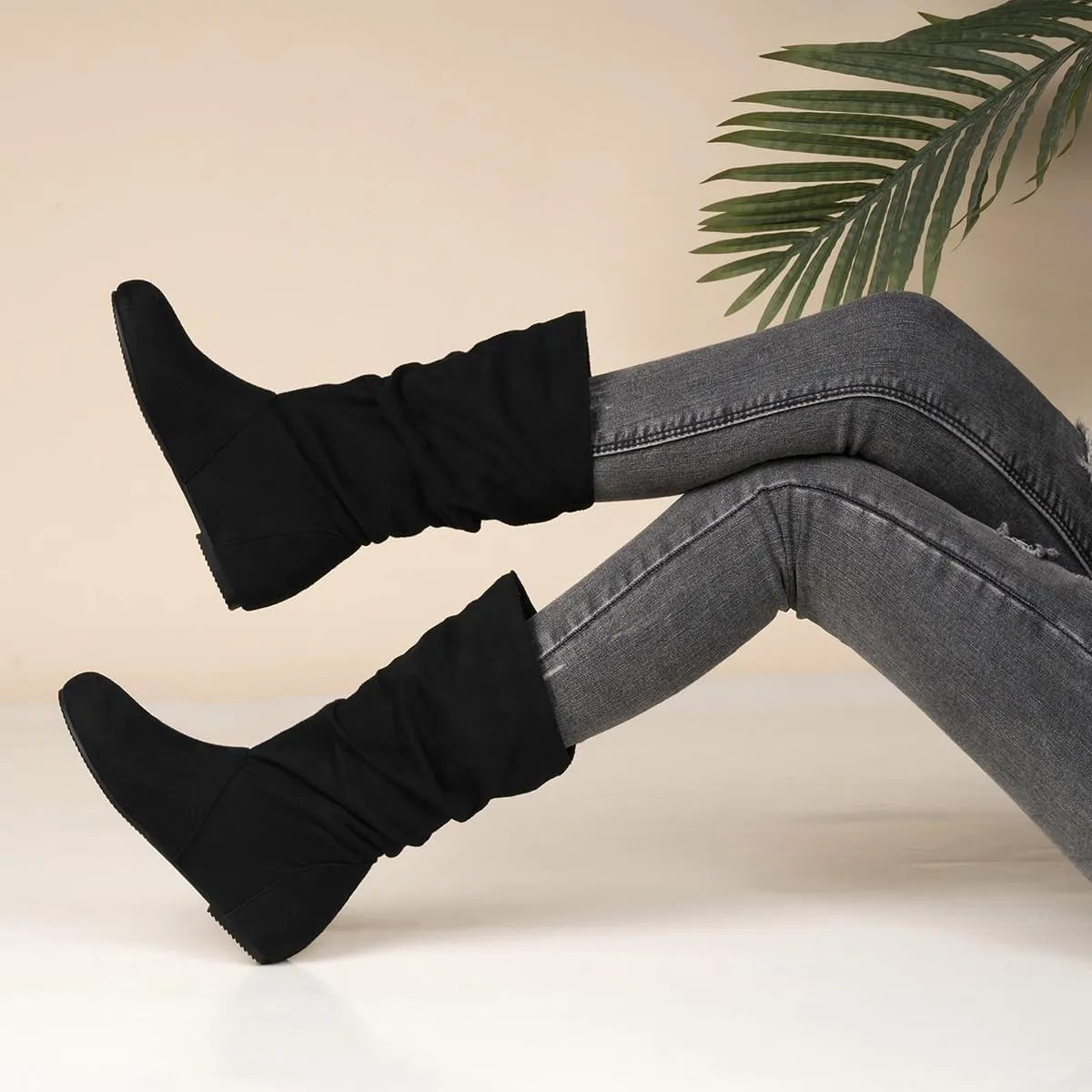 Hidden Heel Faux Leather Slouch Boots Round Toe Pleated Casual Mid Calf Boots