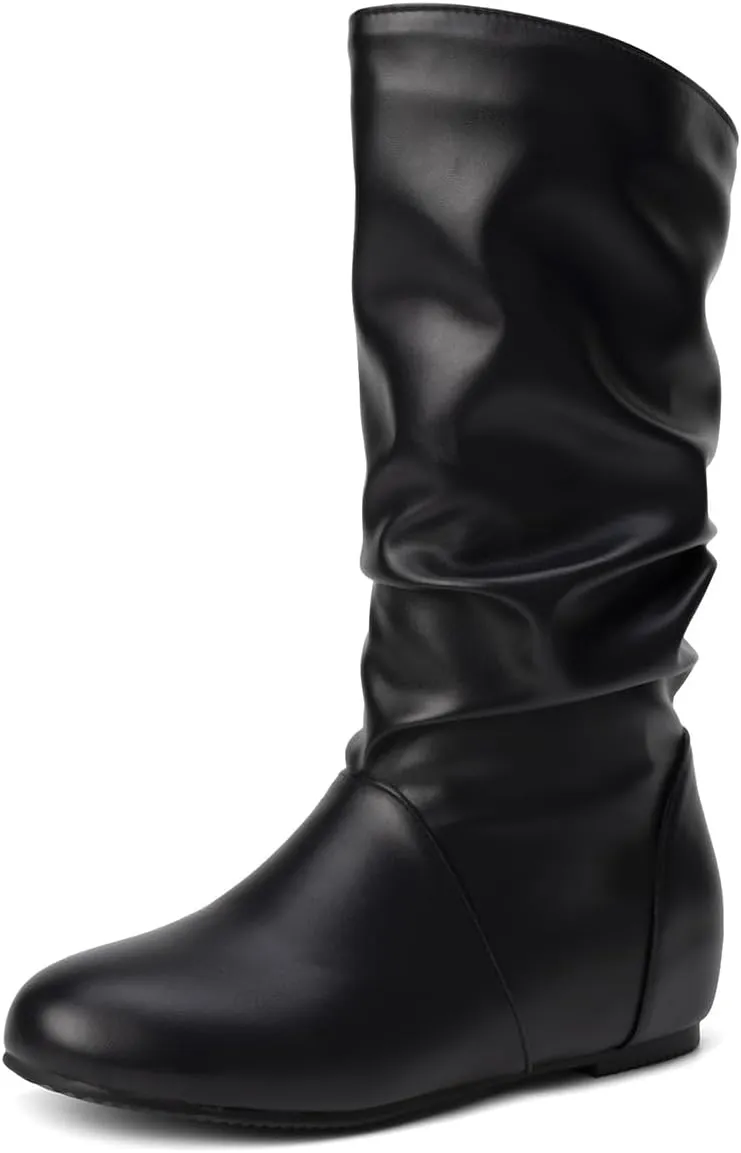 Hidden Heel Faux Leather Slouch Boots Round Toe Pleated Casual Mid Calf Boots