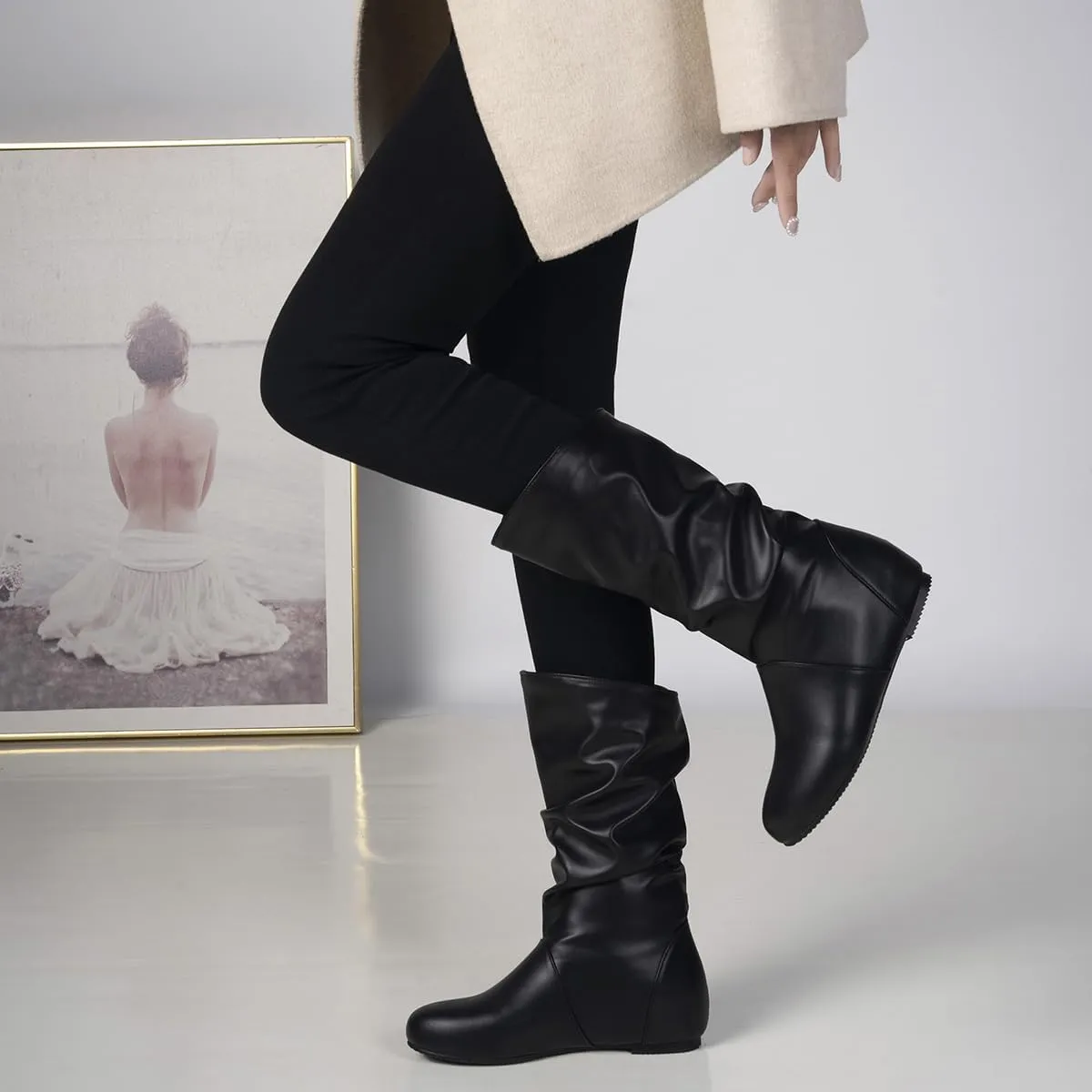 Hidden Heel Faux Leather Slouch Boots Round Toe Pleated Casual Mid Calf Boots