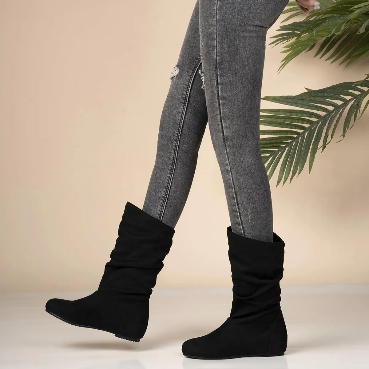 Hidden Heel Faux Leather Slouch Boots Round Toe Pleated Casual Mid Calf Boots