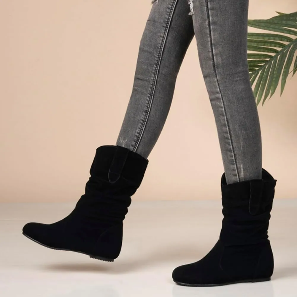 Hidden Heel Faux Leather Slouch Boots Round Toe Pleated Casual Mid Calf Boots