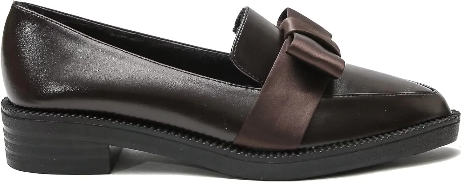 INEELUYI Women's Platform Chunky Heel Loafers Shoes Vintage Bow Pointed Toe Slip-on Uniform Dress Shoes