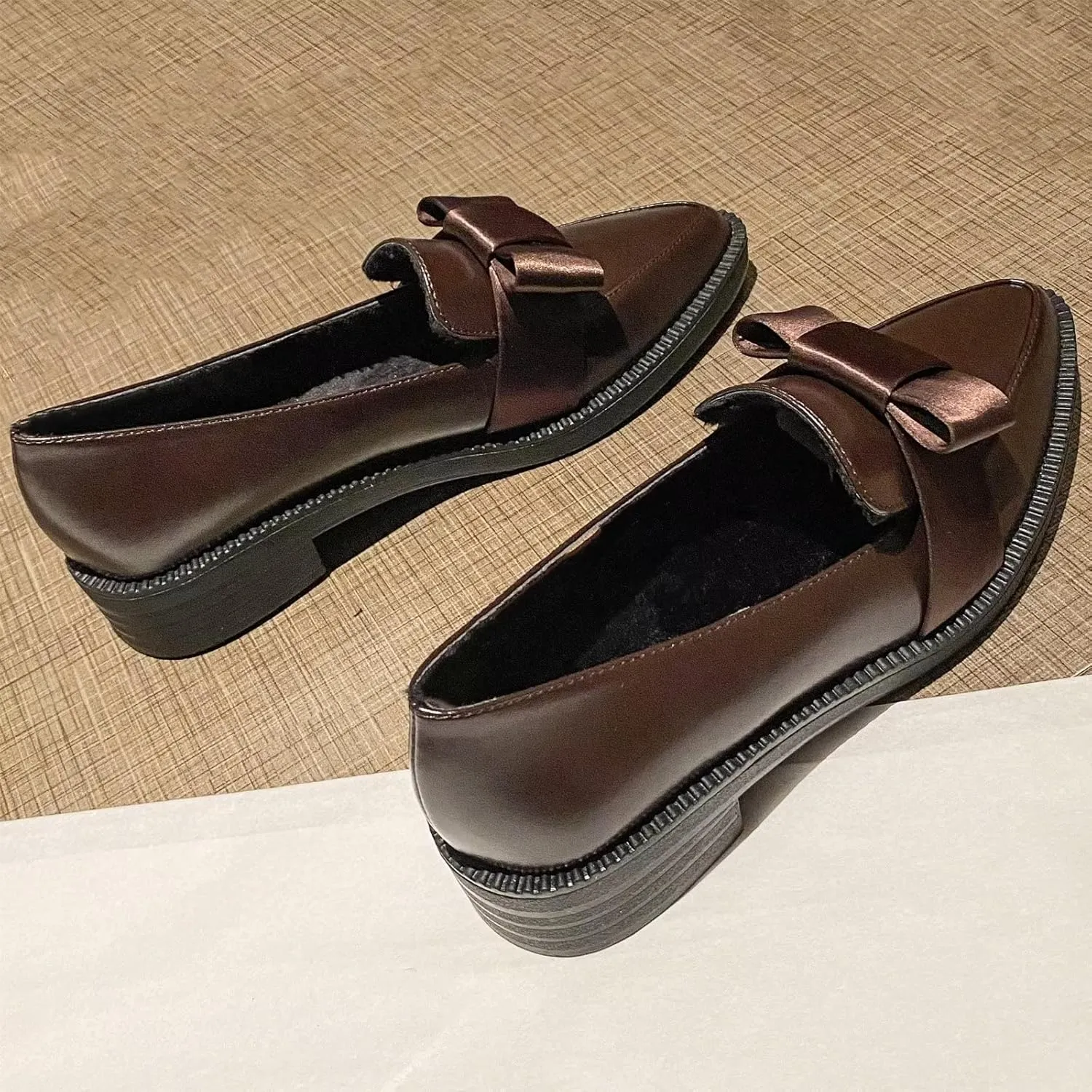 INEELUYI Women's Platform Chunky Heel Loafers Shoes Vintage Bow Pointed Toe Slip-on Uniform Dress Shoes