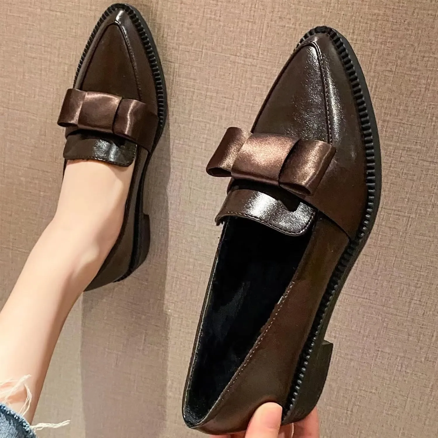 INEELUYI Women's Platform Chunky Heel Loafers Shoes Vintage Bow Pointed Toe Slip-on Uniform Dress Shoes