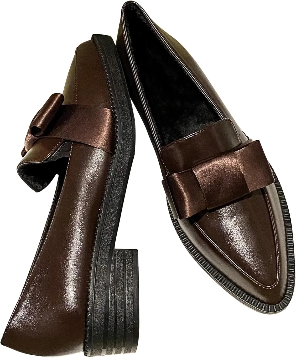 INEELUYI Women's Platform Chunky Heel Loafers Shoes Vintage Bow Pointed Toe Slip-on Uniform Dress Shoes