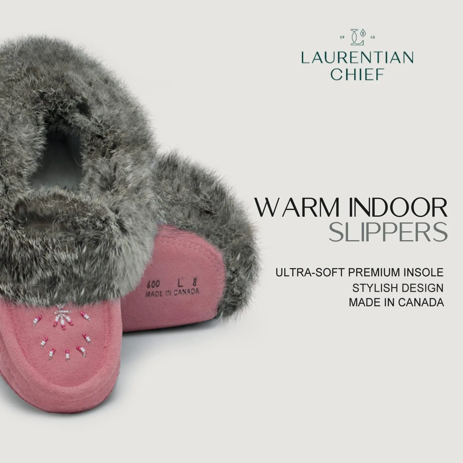 Laurentian Chief Moccasin Slippers for Women  Ladies Comfortable Slippers with Real Rabbit Fur Trim and Soft Faux Lining  Canada Quality Beaded Style Warmie Shoes for House Indoor