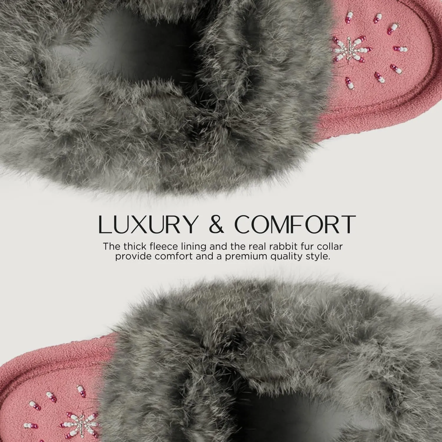 Laurentian Chief Moccasin Slippers for Women  Ladies Comfortable Slippers with Real Rabbit Fur Trim and Soft Faux Lining  Canada Quality Beaded Style Warmie Shoes for House Indoor