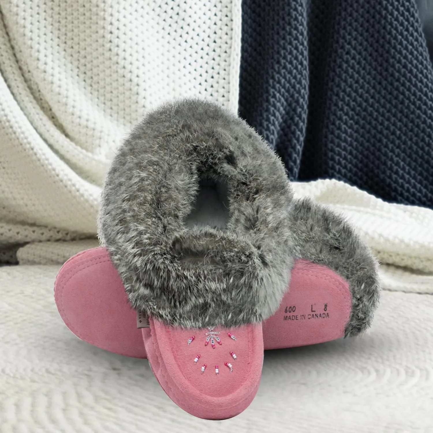 Laurentian Chief Moccasin Slippers for Women  Ladies Comfortable Slippers with Real Rabbit Fur Trim and Soft Faux Lining  Canada Quality Beaded Style Warmie Shoes for House Indoor