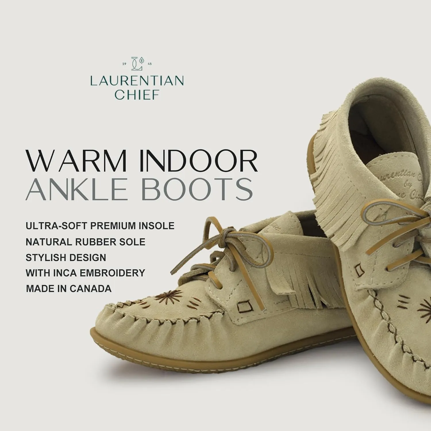 Laurentian Chief Moccasins Women Ankle Boot  Stylish Ankle Boots with Inca Embroidery, Comfortable Insole, Durable Rubber Sole, Made in Canada