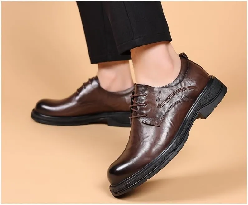 Men's Casual Business Formal Leather Oxford Shoes - Black Round Toe Soft Rubber Sole Dress Shoes for Weddings & Office Wear