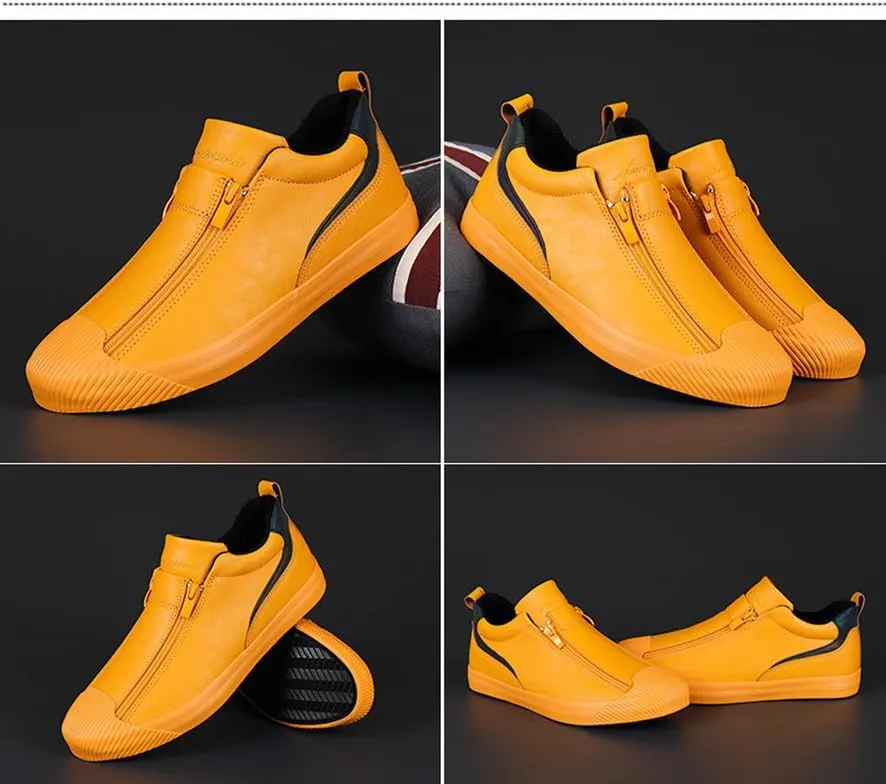 Men's Casual Fashion Leather Flat Zipper Shoes Slip On Walking Shoes Low Top Comfort Fit Sneakers Lightweight & Breathable Rubber Soles Walking Shoes