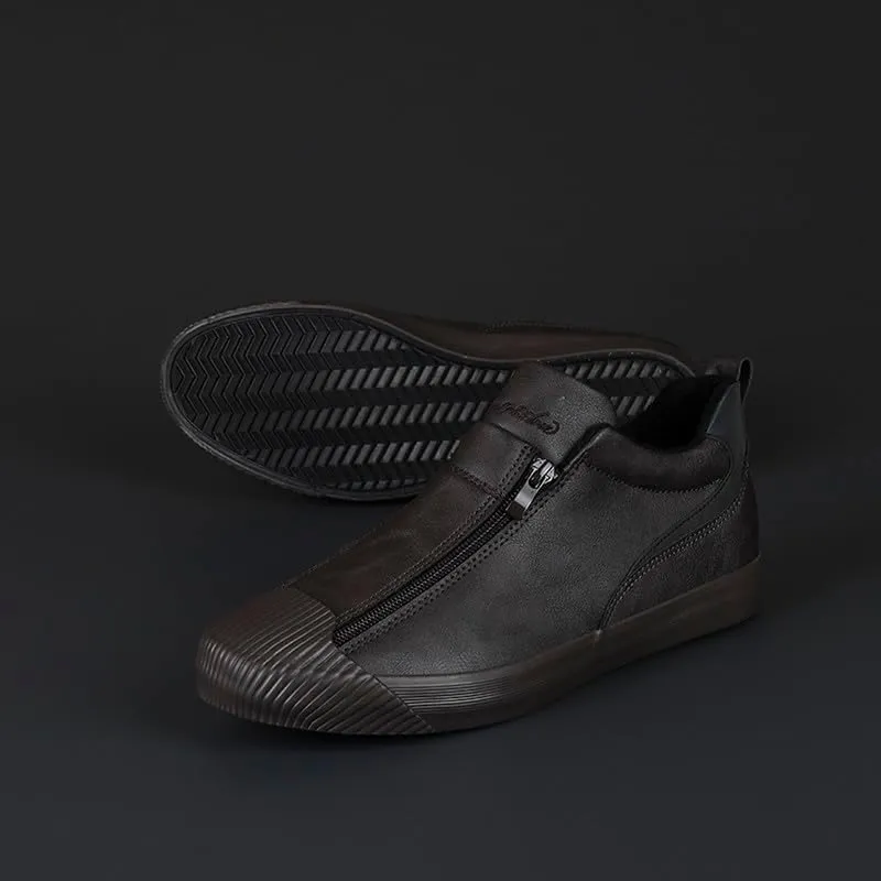 Men's Casual Fashion Leather Flat Zipper Shoes Slip On Walking Shoes Low Top Comfort Fit Sneakers Lightweight & Breathable Rubber Soles Walking Shoes