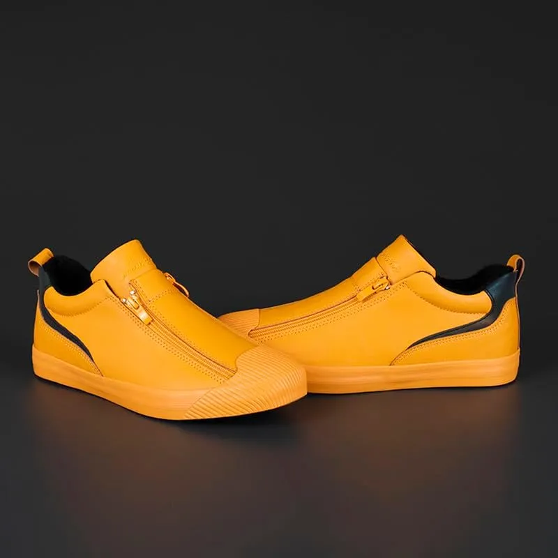 Men's Casual Fashion Leather Flat Zipper Shoes Slip On Walking Shoes Low Top Comfort Fit Sneakers Lightweight & Breathable Rubber Soles Walking Shoes