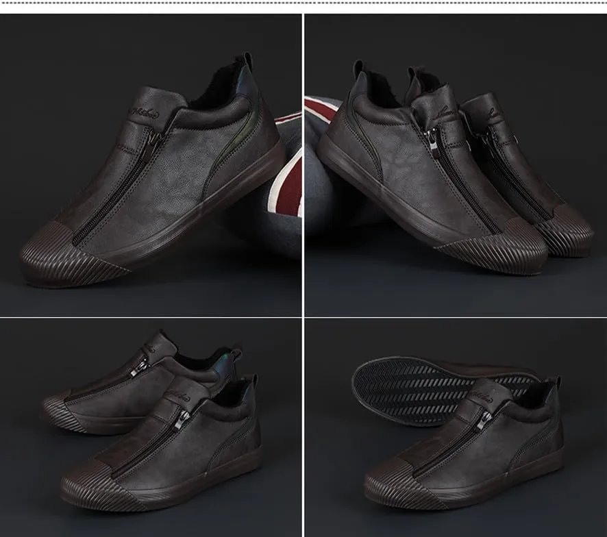 Men's Casual Fashion Leather Flat Zipper Shoes Slip On Walking Shoes Low Top Comfort Fit Sneakers Lightweight & Breathable Rubber Soles Walking Shoes