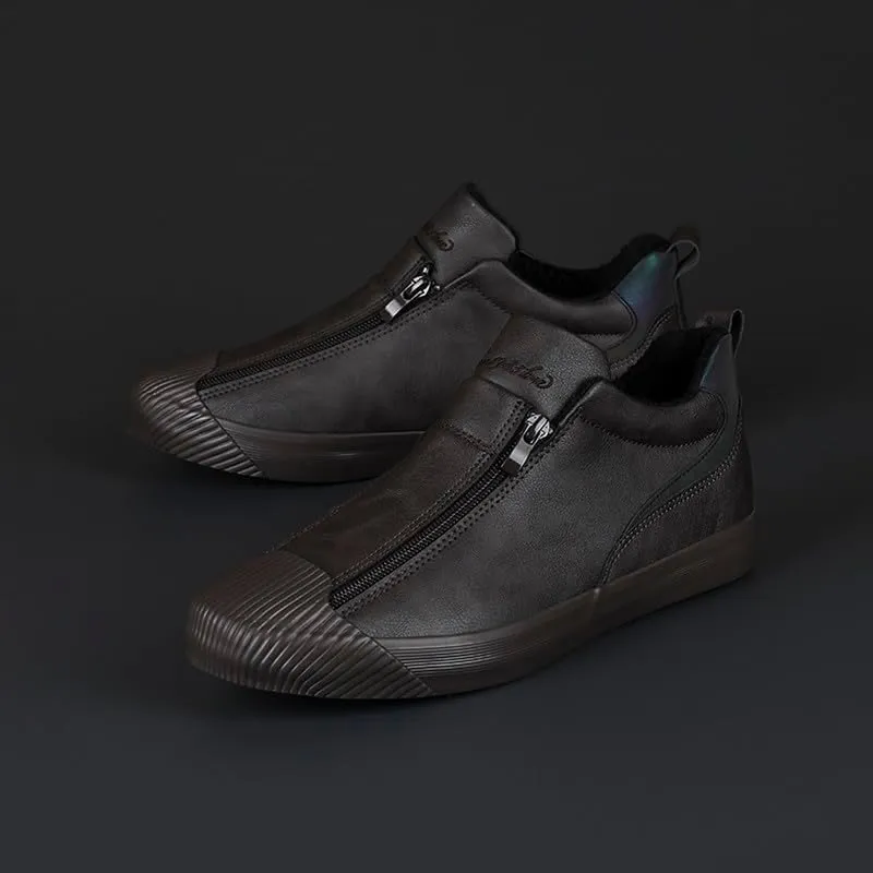 Men's Casual Fashion Leather Flat Zipper Shoes Slip On Walking Shoes Low Top Comfort Fit Sneakers Lightweight & Breathable Rubber Soles Walking Shoes