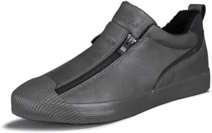 Men's Casual Fashion Leather Flat Zipper Shoes Slip On Walking Shoes Low Top Comfort Fit Sneakers Lightweight & Breathable Rubber Soles Walking Shoes
