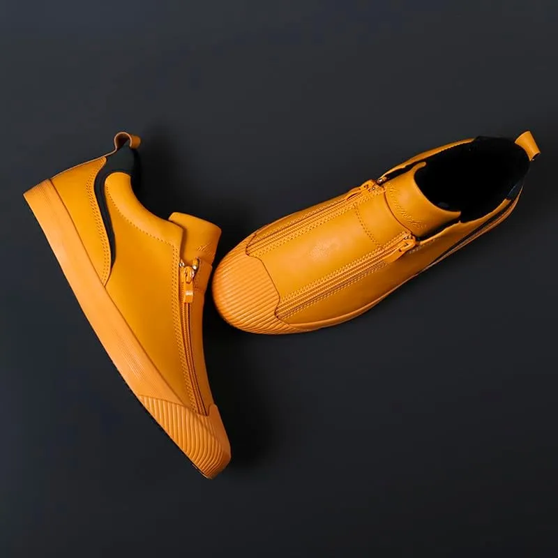 Men's Casual Fashion Leather Flat Zipper Shoes Slip On Walking Shoes Low Top Comfort Fit Sneakers Lightweight & Breathable Rubber Soles Walking Shoes