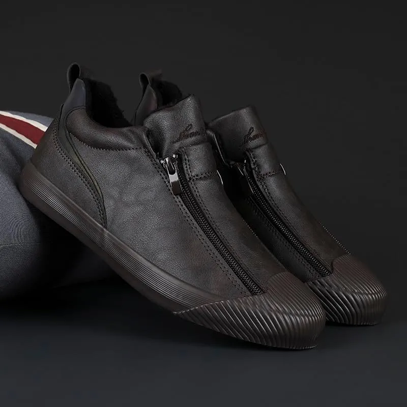 Men's Casual Fashion Leather Flat Zipper Shoes Slip On Walking Shoes Low Top Comfort Fit Sneakers Lightweight & Breathable Rubber Soles Walking Shoes