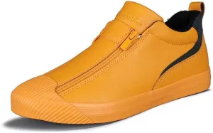 Men's Casual Fashion Leather Flat Zipper Shoes Slip On Walking Shoes Low Top Comfort Fit Sneakers Lightweight & Breathable Rubber Soles Walking Shoes