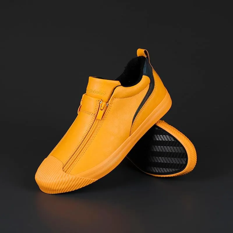 Men's Casual Fashion Leather Flat Zipper Shoes Slip On Walking Shoes Low Top Comfort Fit Sneakers Lightweight & Breathable Rubber Soles Walking Shoes