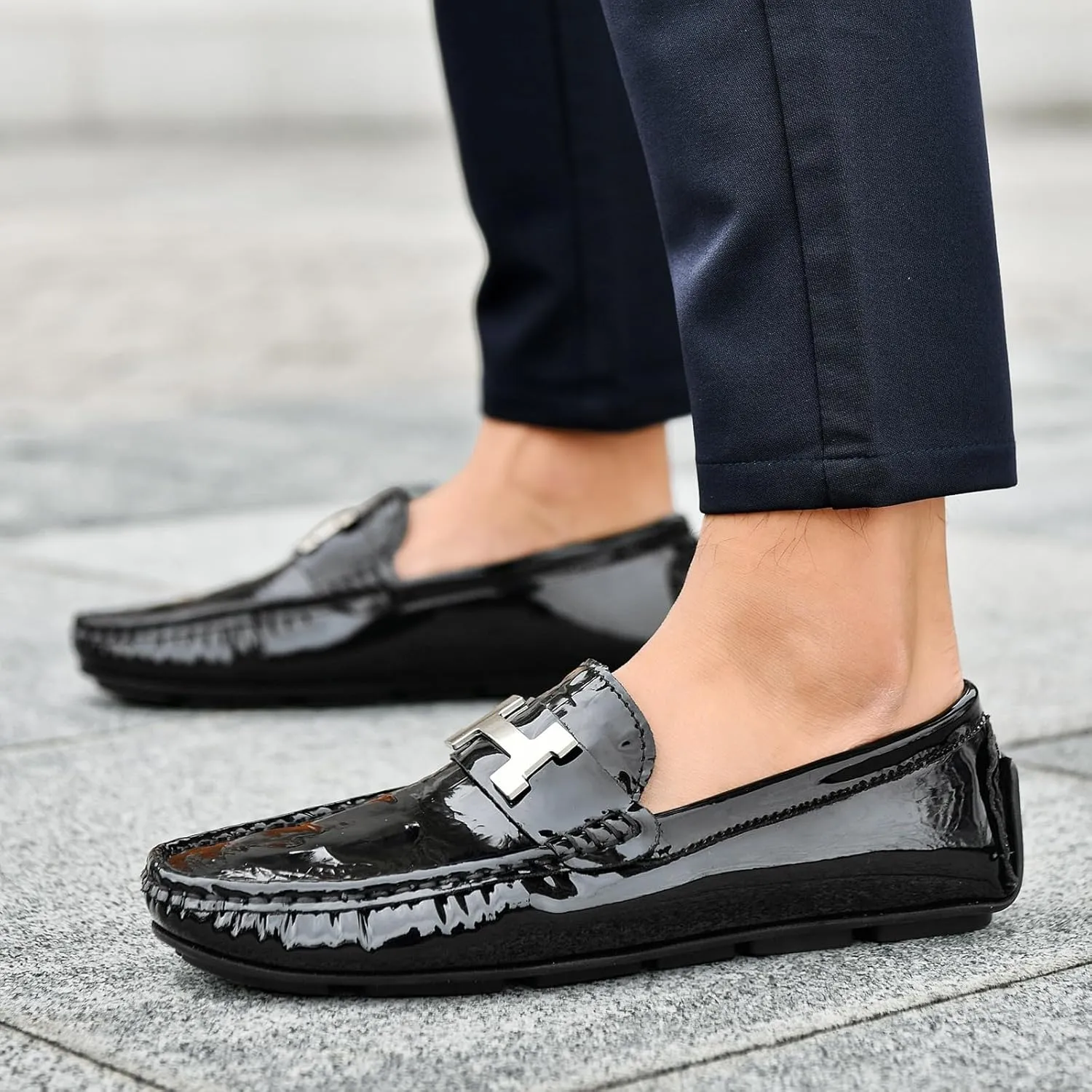 Mens Genuine Leather Casual Shoes with Metal Horsebit Detail Non Slip Comfortable Shoes for Business Dinners