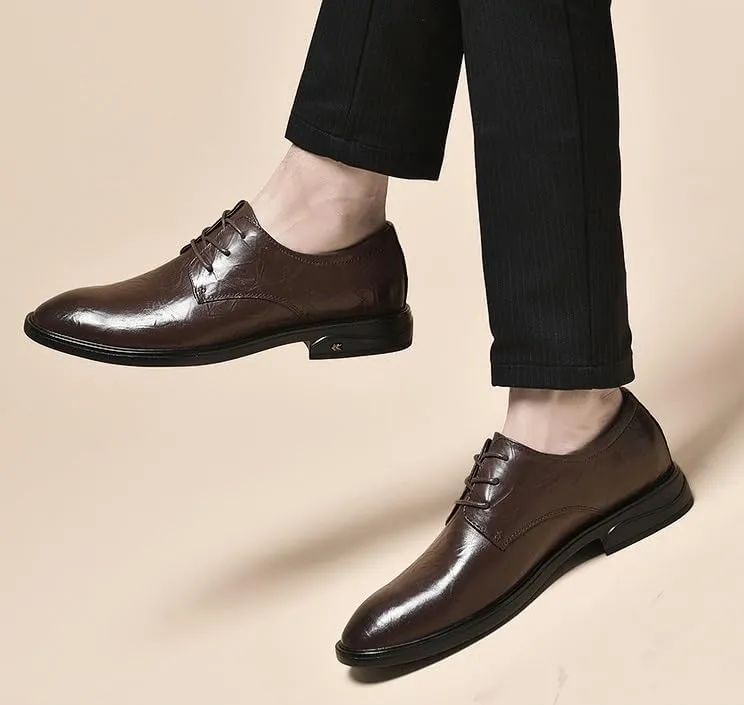 Men's Genuine Leather Oxford Shoes Men Low Top Business Formal Dress Shoes Non-Slip Waterproof Derby Shoes for Men(Brown,9)