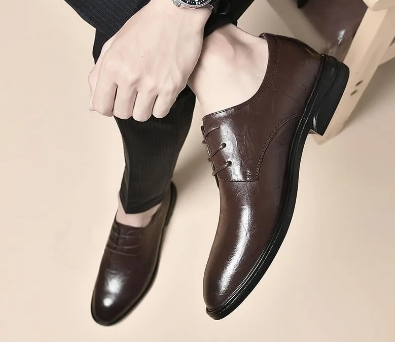 Men's Genuine Leather Oxford Shoes Men Low Top Business Formal Dress Shoes Non-Slip Waterproof Derby Shoes for Men(Brown,9)