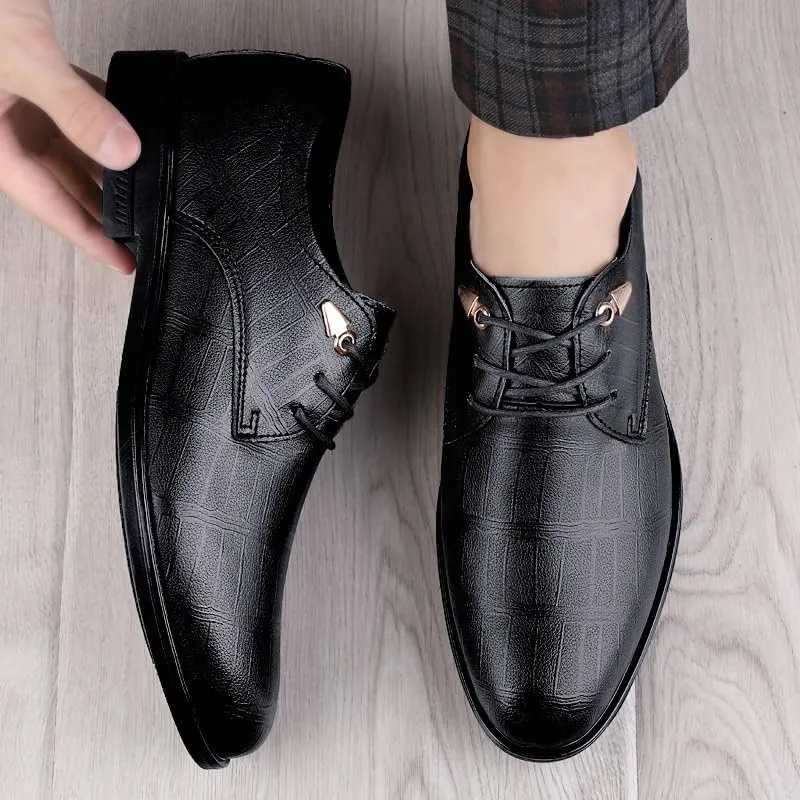 Men's Leather Lace Up Oxford Shoes Retro Pointed Toe Non-Slip Dress Shoes Casual Low Block Heel Business Work Office Penny Loafers Shoes(Black,6.5)