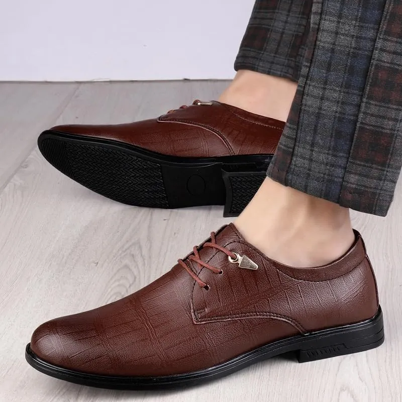 Men's Leather Lace Up Oxford Shoes Retro Pointed Toe Non-Slip Dress Shoes Casual Low Block Heel Business Work Office Penny Loafers Shoes(Brown,8)