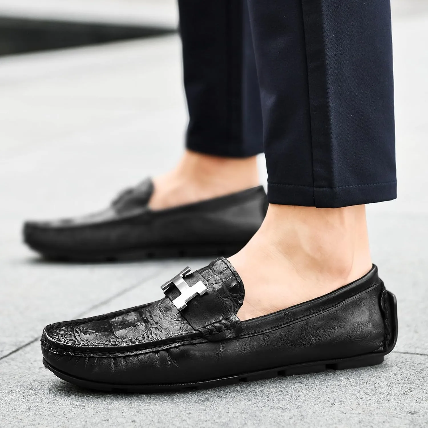 Men's Leather Slip-On Loafers with Metal Horsebit Detail Fashion Comfortable Breathable Summer Shoes for Men