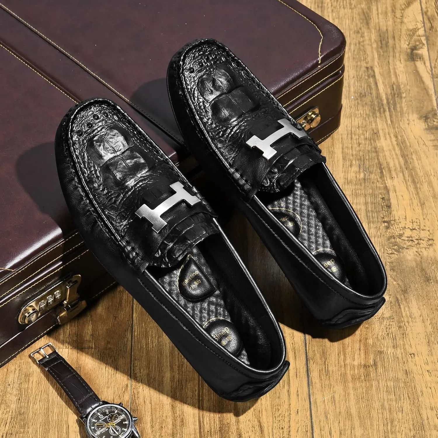 Men's Leather Slip-On Loafers with Metal Horsebit Detail Fashion Comfortable Breathable Summer Shoes for Men