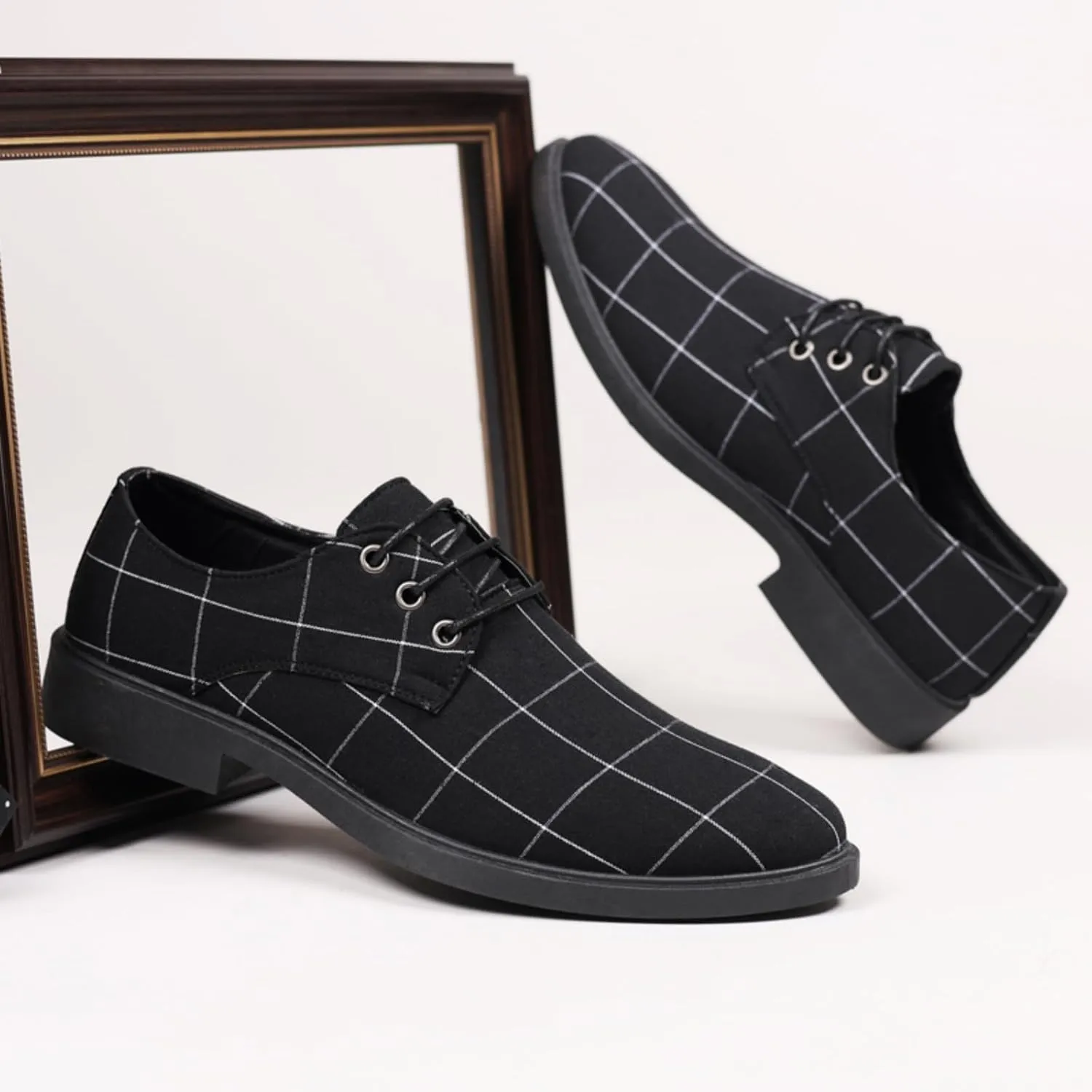 Men's Plaid Lace-Up Oxfords Dress Shoes | Leather & Anti-Slip Rubber Sole | Lightweight Comfort Fit for Formal and Casual