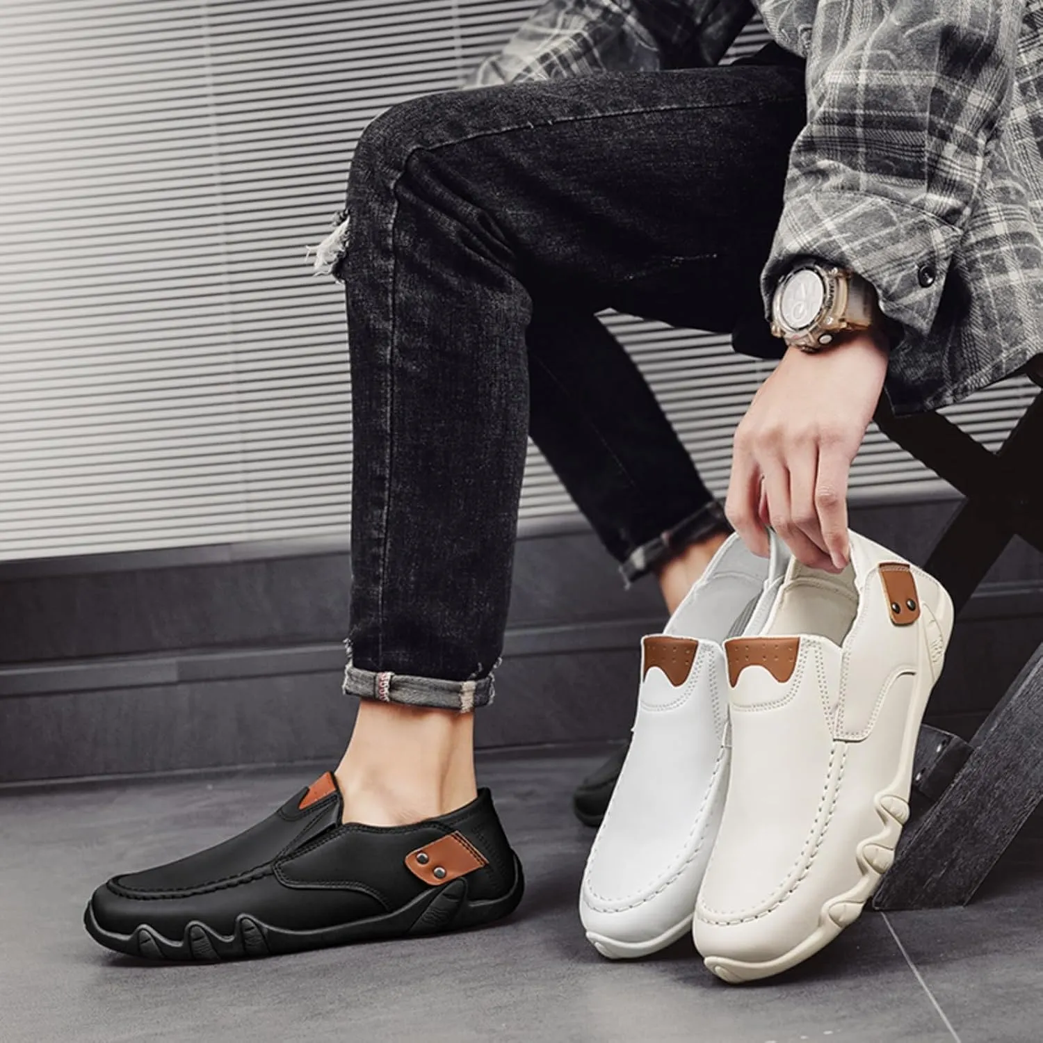 Men's Slip-On Loafers - Lightweight Breathable Driving Shoes with Rubber Sole Casual Business Footwear for Men Durable Moccasins for Travel Outdoor Activities