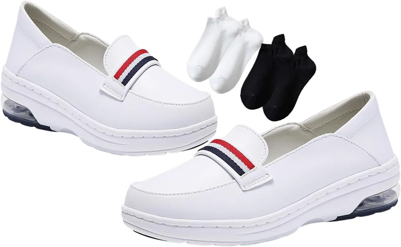 Mother's Day Lightweight Nursing Shoes, Breathable Soft Bottom Non Tiring Feet Slip-On Air Cushion Nurse Shoes, Casual Leather Slip Resistant Driving Shoes, for Medical Workers