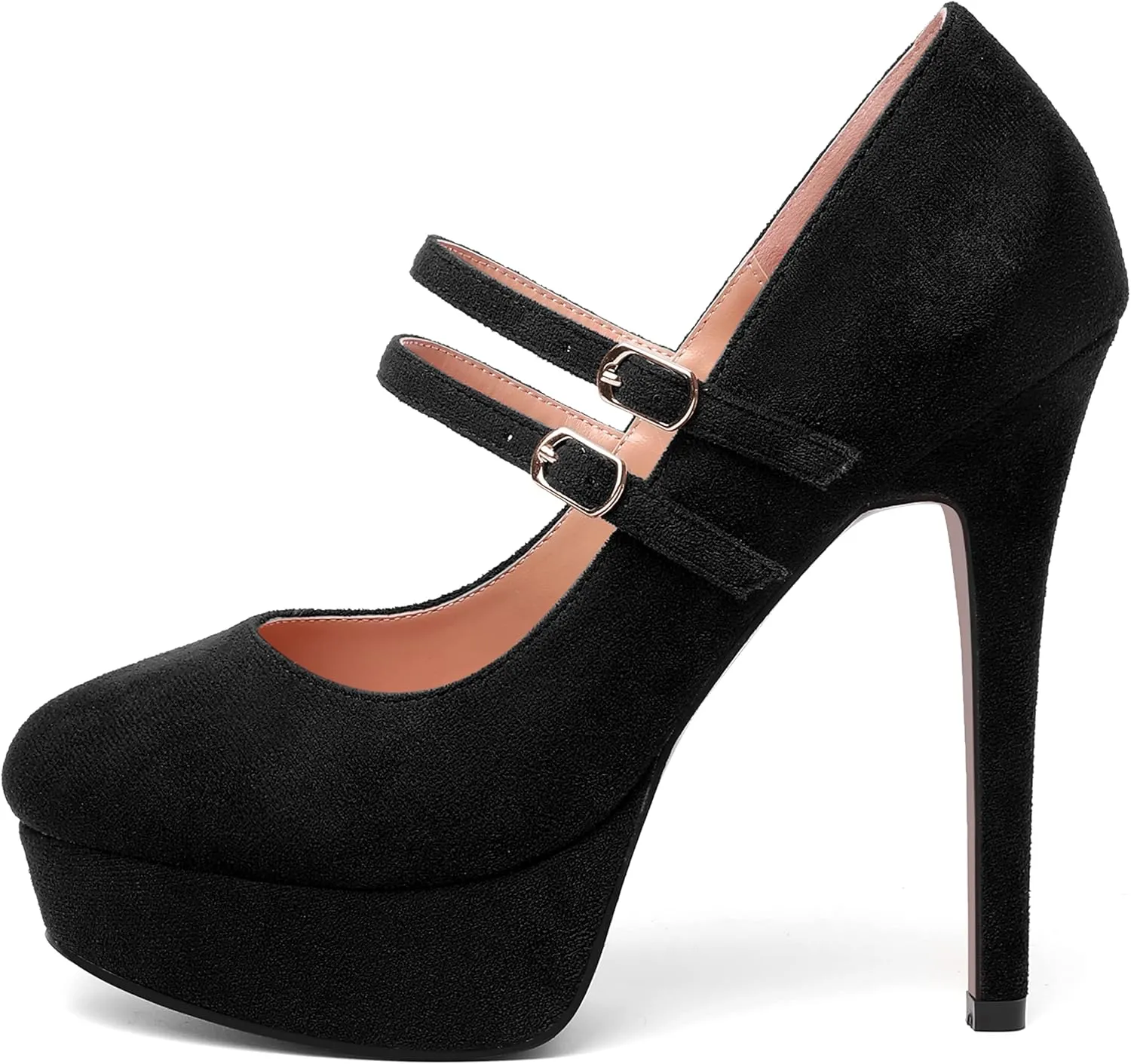 MOVINSTEPS Womens Buckle Suede Round Toe Sexy Solid Platform Adjustable Dual Strap Night Club Mary Jane Stiletto High Heel Pumps Shoes 5 Inch