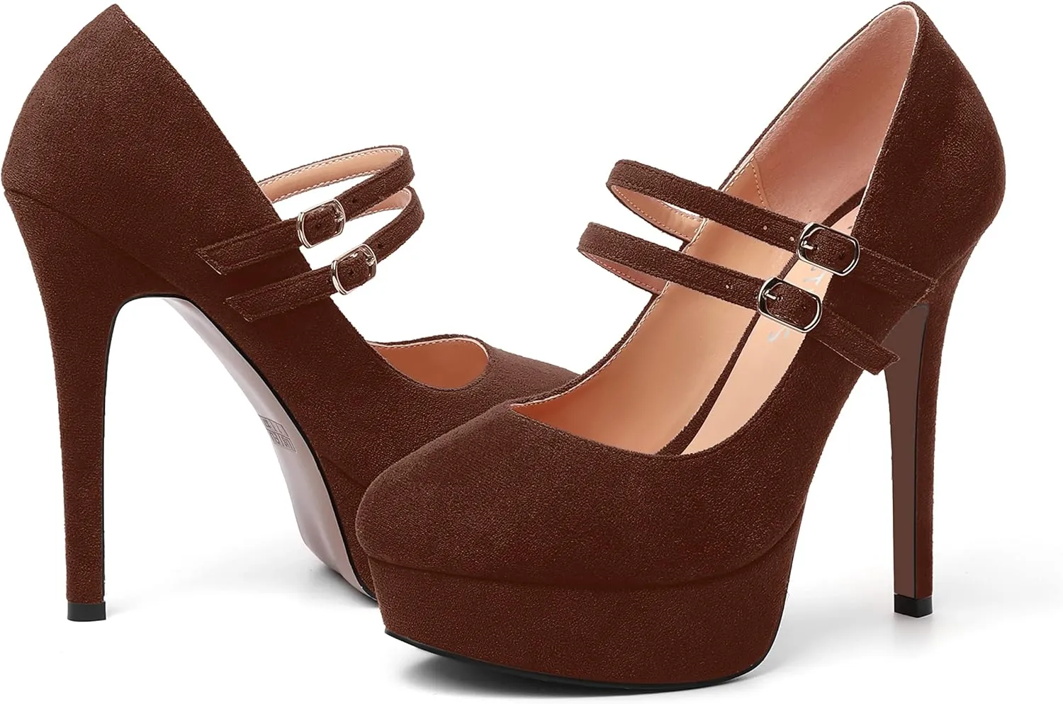 MOVINSTEPS Womens Buckle Suede Round Toe Sexy Solid Platform Adjustable Dual Strap Night Club Mary Jane Stiletto High Heel Pumps Shoes 5 Inch