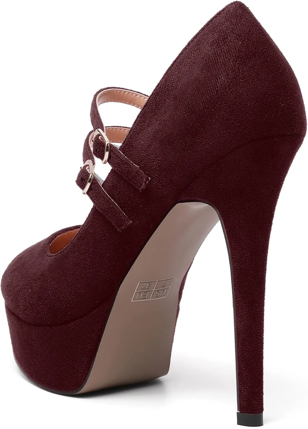 MOVINSTEPS Womens Buckle Suede Round Toe Sexy Solid Platform Adjustable Dual Strap Night Club Mary Jane Stiletto High Heel Pumps Shoes 5 Inch