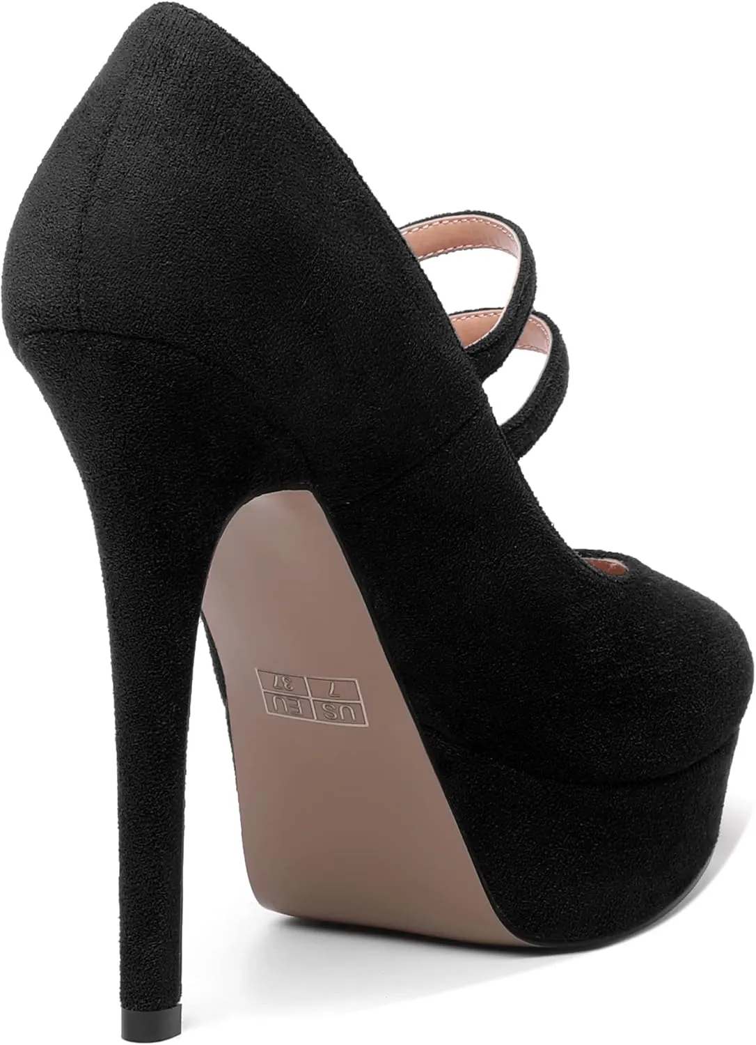 MOVINSTEPS Womens Buckle Suede Round Toe Sexy Solid Platform Adjustable Dual Strap Night Club Mary Jane Stiletto High Heel Pumps Shoes 5 Inch