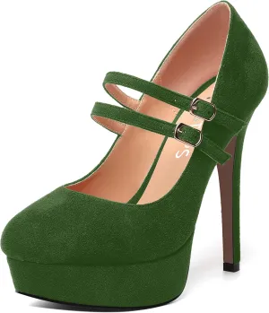 MOVINSTEPS Womens Buckle Suede Round Toe Sexy Solid Platform Adjustable Dual Strap Night Club Mary Jane Stiletto High Heel Pumps Shoes 5 Inch