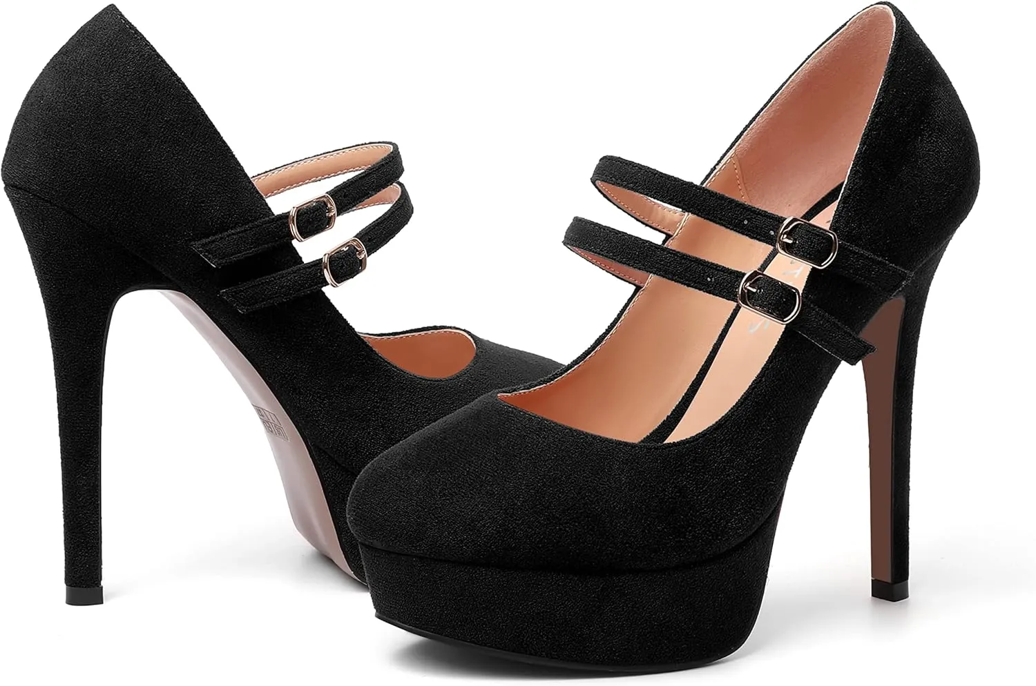MOVINSTEPS Womens Buckle Suede Round Toe Sexy Solid Platform Adjustable Dual Strap Night Club Mary Jane Stiletto High Heel Pumps Shoes 5 Inch