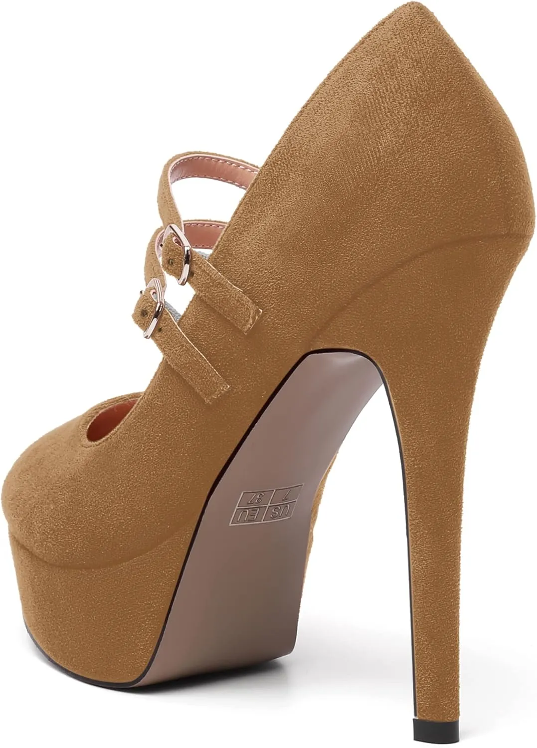 MOVINSTEPS Womens Buckle Suede Round Toe Sexy Solid Platform Adjustable Dual Strap Night Club Mary Jane Stiletto High Heel Pumps Shoes 5 Inch