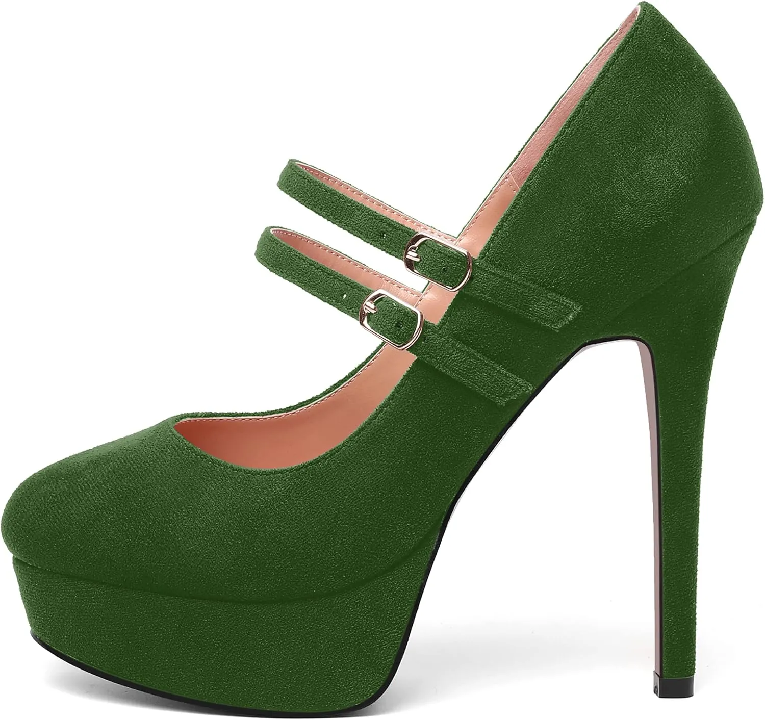 MOVINSTEPS Womens Buckle Suede Round Toe Sexy Solid Platform Adjustable Dual Strap Night Club Mary Jane Stiletto High Heel Pumps Shoes 5 Inch