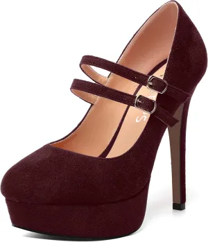 MOVINSTEPS Womens Buckle Suede Round Toe Sexy Solid Platform Adjustable Dual Strap Night Club Mary Jane Stiletto High Heel Pumps Shoes 5 Inch