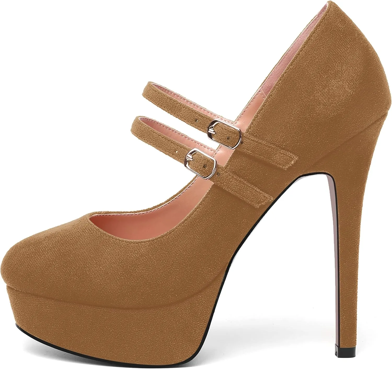 MOVINSTEPS Womens Buckle Suede Round Toe Sexy Solid Platform Adjustable Dual Strap Night Club Mary Jane Stiletto High Heel Pumps Shoes 5 Inch