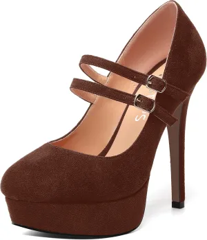 MOVINSTEPS Womens Buckle Suede Round Toe Sexy Solid Platform Adjustable Dual Strap Night Club Mary Jane Stiletto High Heel Pumps Shoes 5 Inch