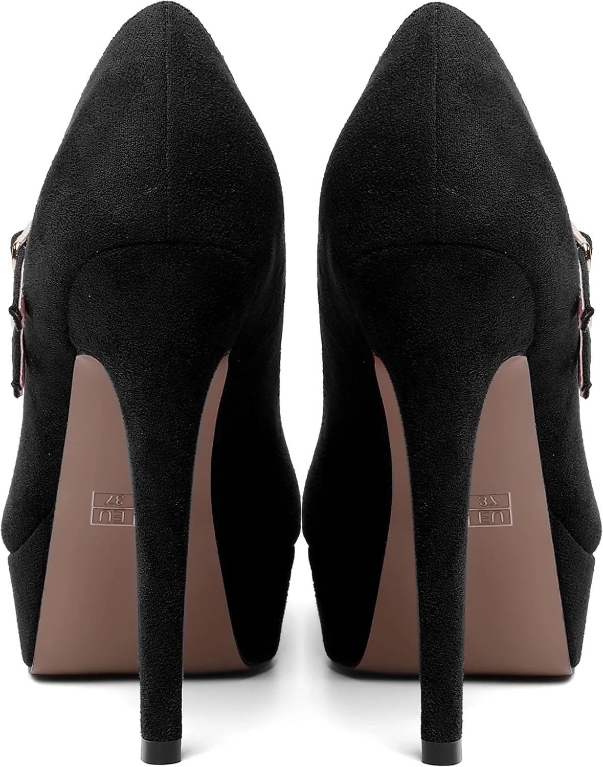 MOVINSTEPS Womens Buckle Suede Round Toe Sexy Solid Platform Adjustable Dual Strap Night Club Mary Jane Stiletto High Heel Pumps Shoes 5 Inch